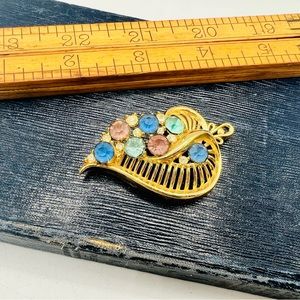 Vintage rhinestone leaf brooch gold cutout colorful spring pastels